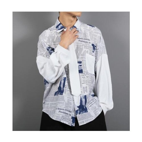 Send Necktie 2021 Mens Hawaiian Long Sleeves Newspaper Printing Shirt Splicing Color French Cuff Mens Fashion Shirts Size M-2XL