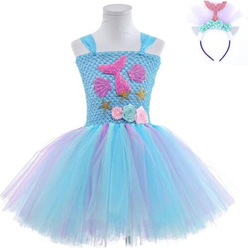 Mermaid Girl Cartoon Halloween Tutu Dresses with Headband Big Girls Clothes Size 1-14 Year Halloween Costumes for Toddler Girls