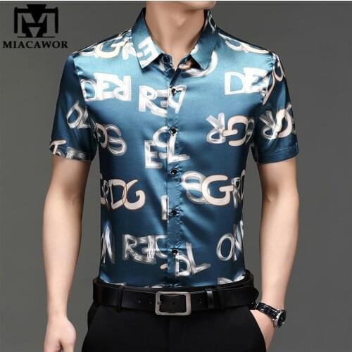 New Men Shirts Fashion Letter Print Casual Shirt High Quality Silk Cotton Summer Short Sleeve Slim Fit Camisa Masculina C766