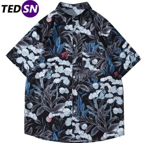 Oversized Short Sleeve Shirt Streetwear Cotton Loose Tops 2021 Summer Hip Hop Shirts Men Women Bird In The Forest Print Harajuku