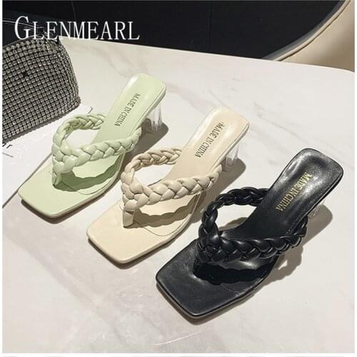 Women Sandals Sexy Square Toe Thin High Heels Weave 2021 New Summer Women Gladiator Sandals Party Shoes Slippers