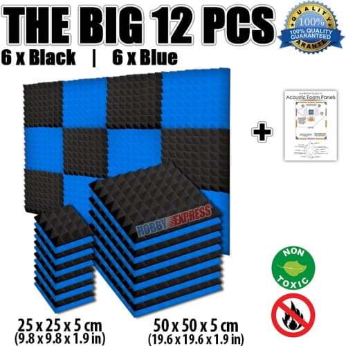 Arrowzoom Blue & Black Pyramid Studio Tiles Soundproofing Acoustic Foam 19.6 x 19.6 x 1.9" or 9.8 x 9.8 x 1.9" 12 pcs Set