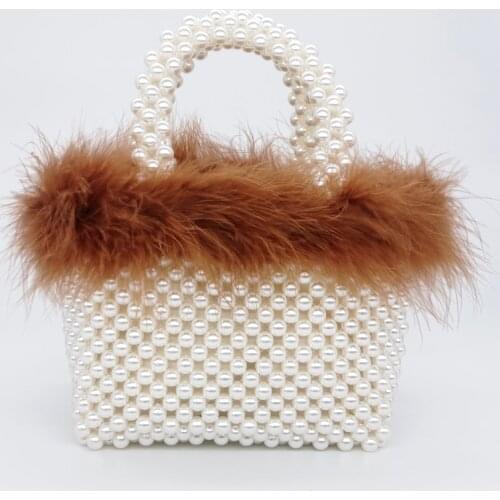 Luxury Faux Fur Pearl Evening Bag Fashion Designer Women Hand Woven Panelled Beaded Tote Bags Cute Dinner Party Shoulder Bag
