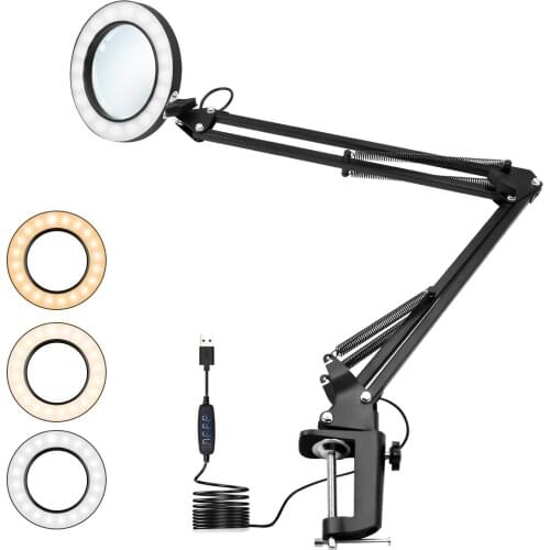 LED Magnifying Lamp Metal Swing Arm Magnifier Lamp Stepless Dimming 3 Color Modes 5X Magnification 4.1" Diameter Glass Lens