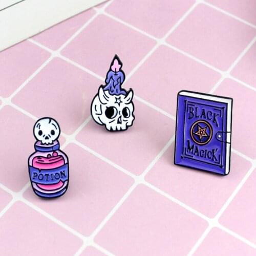 Magic Book Death Potion Dose Bottle Star Skeleton Elf Candle Enamel Brooch Halloween Dress Up Accessories