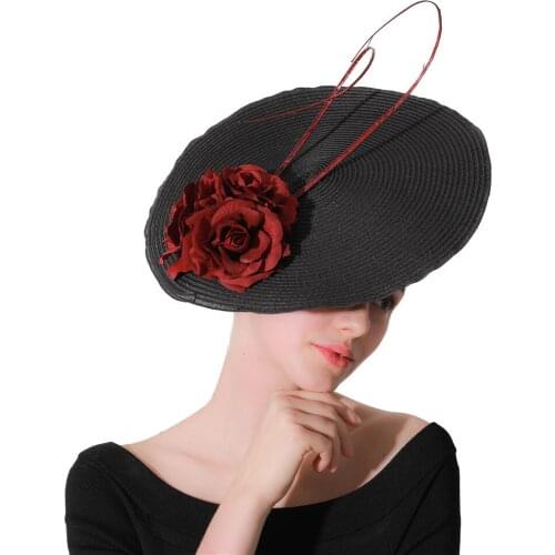 New Black Church Fascinators Bridal Hats Headbands with 3Marron Roses Hair Accessories Wedding Fedora Race Event Floral Headwear