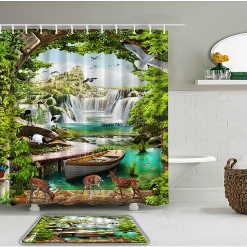 Natural Forest landscape Birds Animals Bathroom Curtain Set Waterproof Fabric Shower Curtains And Non-Slip Rug Toilet Bath Mat
