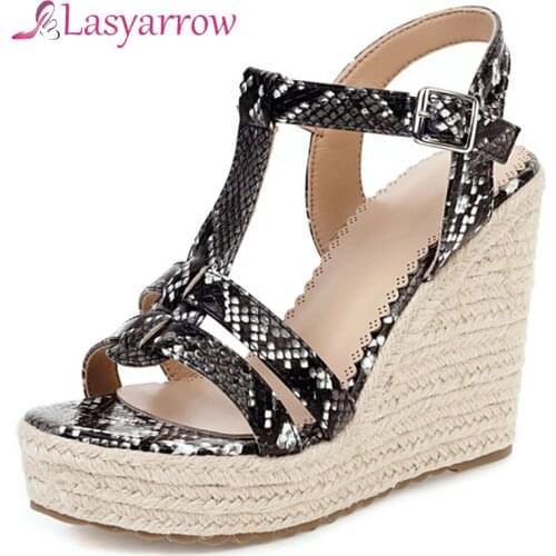 Lasyarrow 2020 new arrive women sandals buckle summer high heel wedges T-Strap shoes fashion platform Leopard sandals ladies