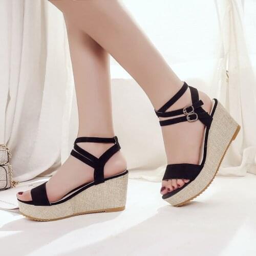 2019 Fashion Women Fish Mouth Platform High Heels Wedges Sandals Buckle Slope Shoes