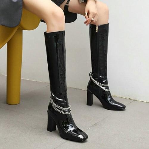 2020 Autumn Winter Fashion Chain Patent Leather Knee High Boots Women Zipper Thick High Heel Long Boots Ladies Square Toe Shoes