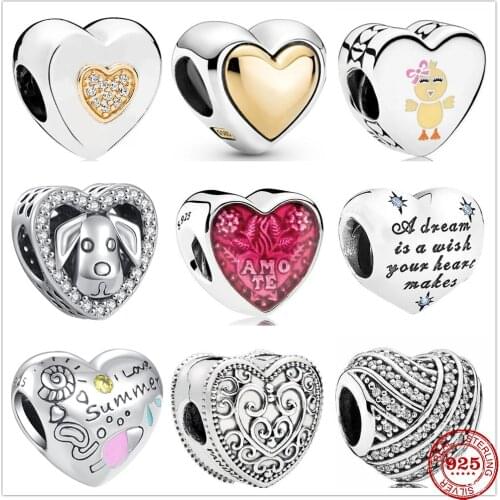 925 Sterling Silver Pink Heart Dog brid summer Charm Beads Fit Original Pandora charms Bracelet For Women DIY Jewelr