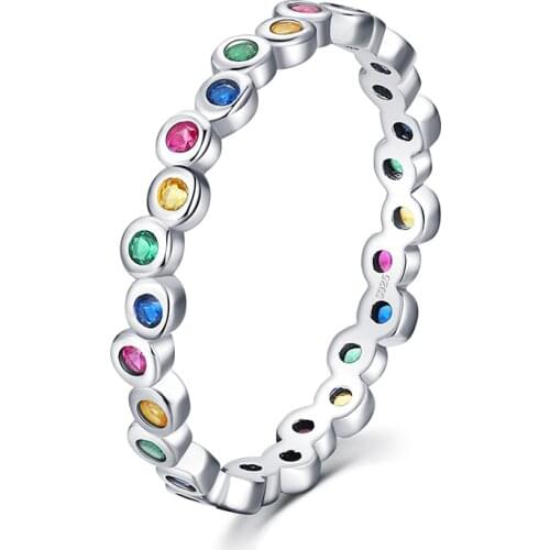 Genuine 925 Sterling Silver Rainbow Zircon Finger Rings Simple Stackable Ring Fine Jewelry for Women Birthday Gifts