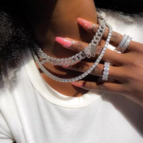 2021 Iced Out Bling Rose Gold Pink CZ Fashion Butterfly Choker Necklaces For Women Hip Pop Miami Cuban Link Chain Party Jewelry
