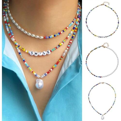 New Fashion Bohemian Ethnic Style Womens Necklace Versatile Multi-Layer Color Rice Beads Pearl Neck Female Necklace Jewelry