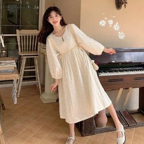 Long Sleeve Dress Women O-neck Solid Flower Embroidery Korean Sweet Style Kawaii Bright Female Simple Chic Loose Daily Tender