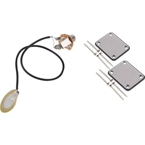 1x Acoustic Guitar Transducer Pre-Wired Amplifier Piezo Jack Pickup & 2 Pcs Guitar Metal Neck Plates with Plastic Mat