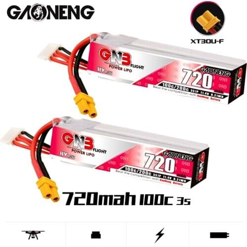 2Pcs/Set GAONENG GNB 3S 11.4V 720mAh 100C/200C HV Lipo Battery for RC Tinywhoop FPV Frame Kit Racing Drone With XT30U-F Plug