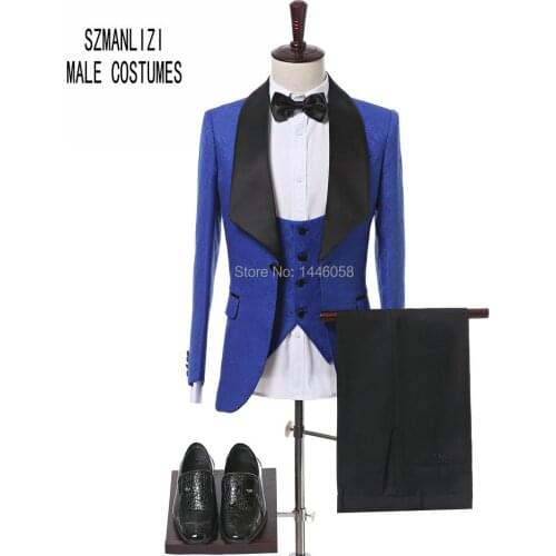 2017 Brand Elegant Slim Fit 3 Pieces Groomsmen Mens Groom Suit Weeding Suits For Men Royal Blue Tuxedo Blazer Terno Masculino