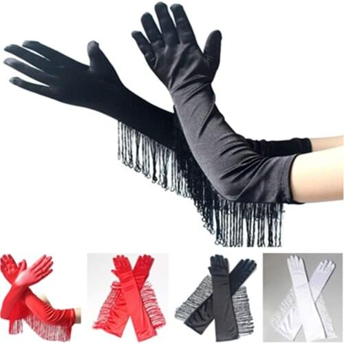 3 Colors Fashion Black White Red Tassels Long Satin Gloves Women Opera Evening Party Costume Gloves Dance Performance Mittens