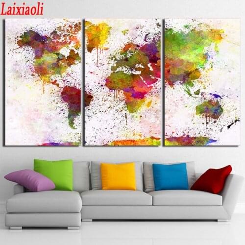 Abstract Pictures 3 pcs 5D DIY Diamond Painting Handicraft Cross Stitch Color "World Map"Full Square Diamond Embroidery Home art
