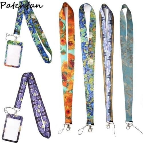 AD665 Patchfan Cartoon Vangogh Oil Painting Lanyard Keychain keys Badge ID Mobile Phone Rope Lanyard With Card Holder Cover