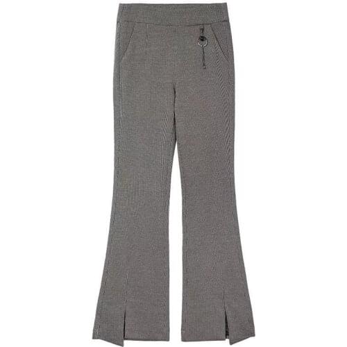 Plaid pants womens 2019 new fall thousand bird pattern high waist split elastic drop feeling micro flare pants fashion