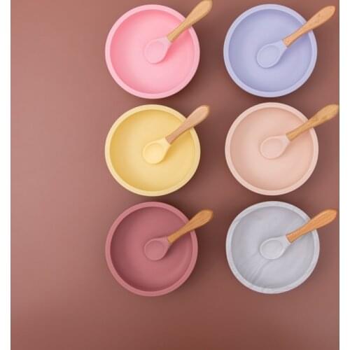 Baby Feeding Silicone Cover Wood Spoon Set Waterproof Non-slip Feeding Bowl Silicone Tableware Baby Tableware Baby Products
