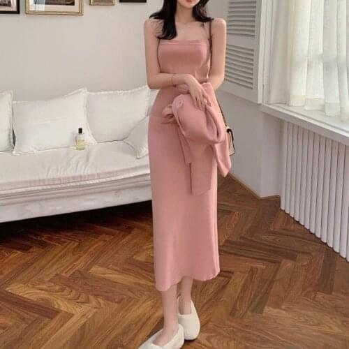 Elegant Womens Dress Knitted Suit Ladies Sweater Cardigan Jacket Bodycon Dress Solid Two Piece Set Autumn Female Outfit