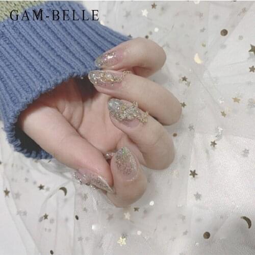 GAM-BELLE Luxury Rhinestones Chain False Nails Holographic Silver Glitter Decor French Full Nail Art Tips Artificial Fake Nails