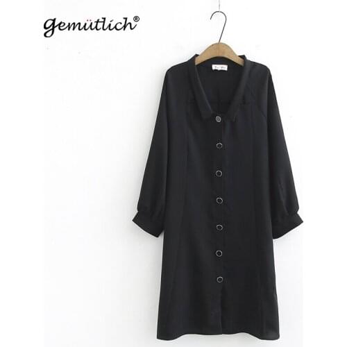 GEMUTICH Women Big Size Vintage Dress Turn-down Collar Long Sleeve Spring Summer Dresses Black XL-3XL New
