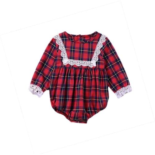 Newborn Baby Girls Red Long Sleeve Romper, Baby Plaid Printed and Lace Pattern Round Collar Christmas One-piece 0-18 Months 2020
