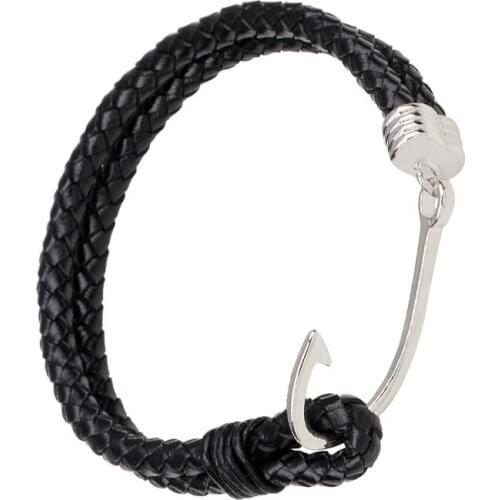 Multilayer Women Leather Bracelet Charming Metal Fish Hook Man Bracelets Bangles Handwoven String Rope Jewelry