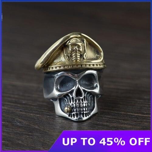 Pure 100% 925 Sterling Silver Skull Head Mens Rings Biker With Cap Vintage Punk Rock Male Jewelry Gothic Skeleton Cool Men Ring