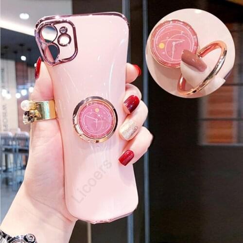 For iPhone 12 Pro Max 12 Mini 11 XS XR X SE2 8 7 6 6S Plus Case Plated Full Fit Soft Cover Dial Finger Ring Bracket Holder Funda