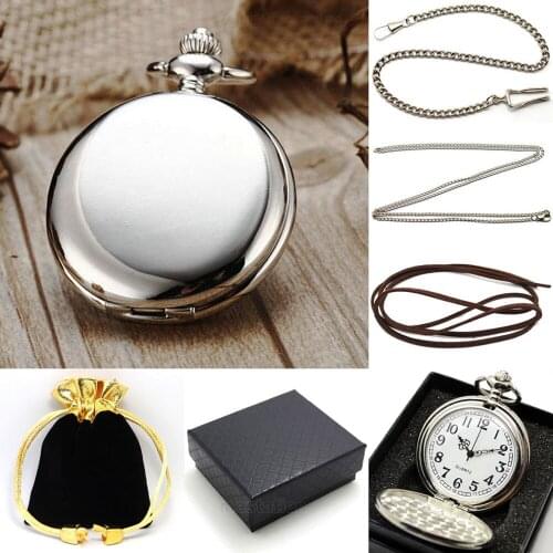 YISUYA Smooth Steampunk Skeleton Pocket Watch Set Silver/Black Mirror Pendant Chain Necklace Gift Bag Box Set Men Clock