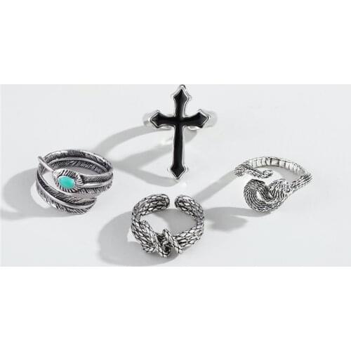 4PCS New Punk Vintage Cross Feather Snake Open Ring Set For Men Women Gothic Green Stone Leaves Winding Snake Male Ring Jewelry