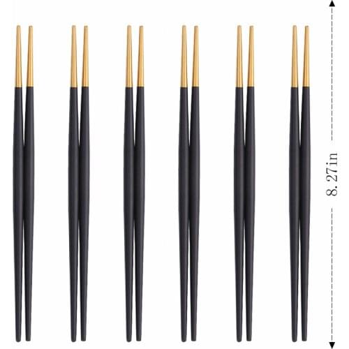 6 Pairs Glossy Black Gold Chinese Chopsticks Japanese Korean Style Sushi Sticks Noodles Food Tableware Metal Reusable Chopsticks