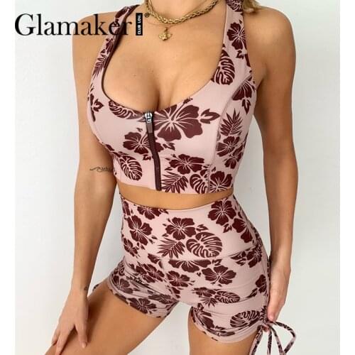 Glamaker Casual sprtwear women 2 piece suits Sleeveless cropped top vest and slim shorts Backless leaf printed female sets
