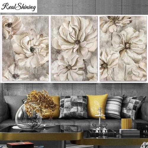 Triptych Diamond Mosaic Brown Flower ,5D,Diamond Painting Full Square Round Buddha Statue Botanical Flower Embroidery,T123