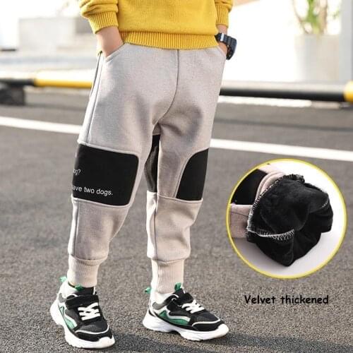 New 2020 Boys Autumn/Winter Velvet Thickened Sports Pants Childrens Fashion Patch Letter Print Velvet Inside Warm Trousers HOT