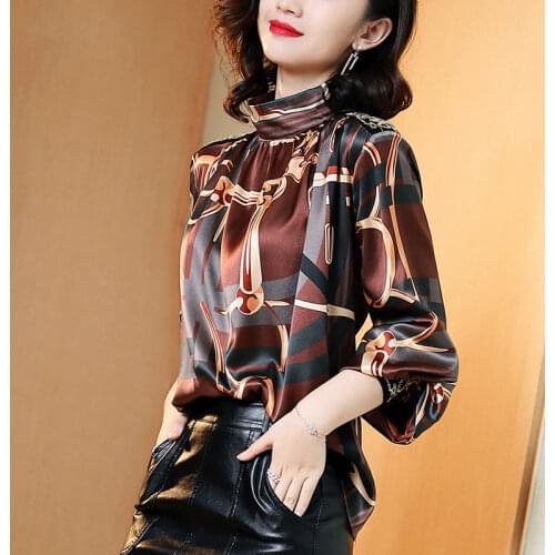 Womens Spring Autumn Style Silk Blouses Shirts Womens Turtleneck Long Sleeve Lantern Sleeve Striped Casual Tops SP666