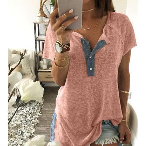 2021 Woman Summer Tops Casual Loose Pure Color Short Sleeve T Shirt Fashion Stitching Buttons Plus Size Ladies Streetwear Top