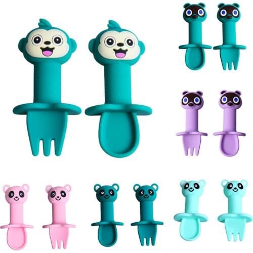 2Pcs/Set Cartoon Animal Pattern Heat-Resistant Spoon Fork Set Silicone Children Tableware Infant Feeding Baby Utensil Detachable
