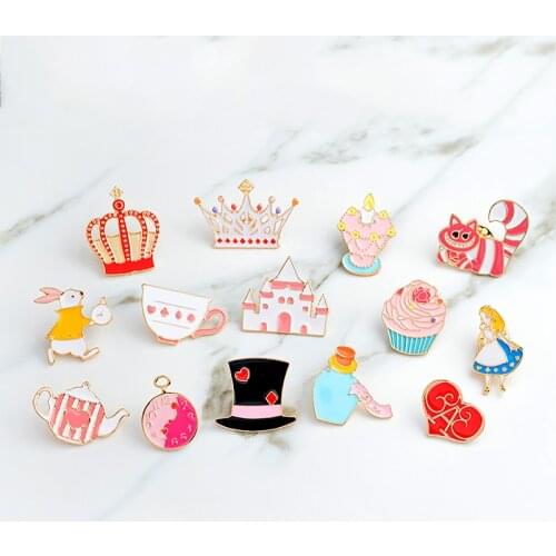 Alice in Wonderland Enamel pin Brooch Cat Tea cup Cupcake Candlestick Alice Crown Tea pot Palace Alice in Wonderland jewelry