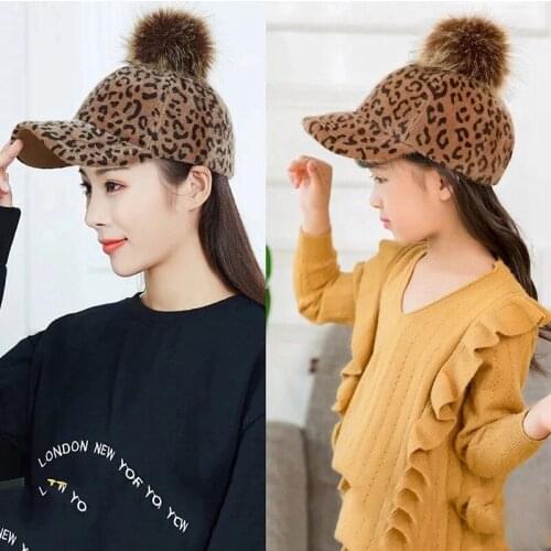Children hat baseball cap womens all-match leopard print peaked cap big fur ball tourist hat outdoor parent-child warm hat
