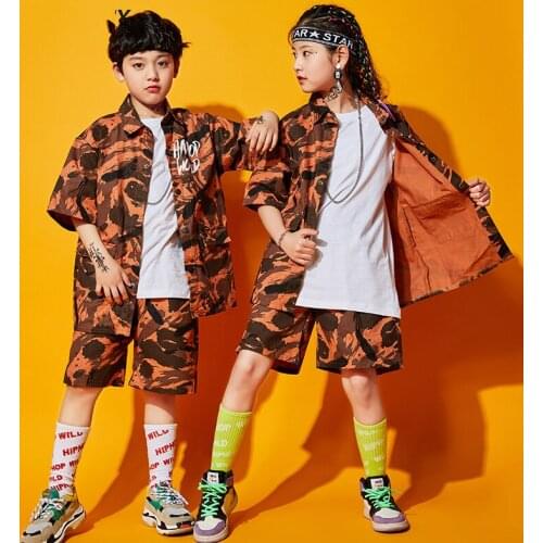 2020 New Boy Girls Camouflage Shirt Shorts Jazz Dance Suit Children Hiphop Clothes Summer Kids Jazz Dance Costumes Tide DWY4299