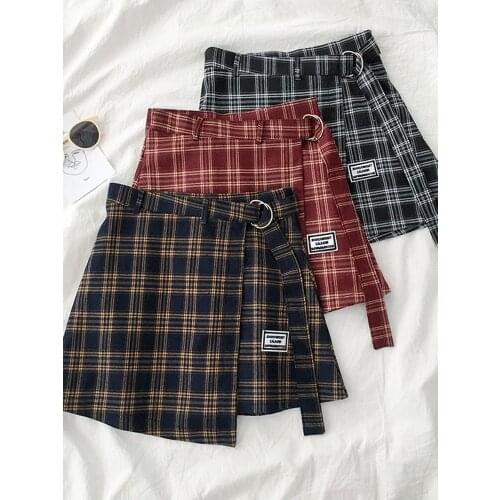 HELIAR Pleated Irregular Skirts Women High Waist A-line Casual Plaid Short Wide Leg Girls Skirts Loose Soft Skirts With Saches