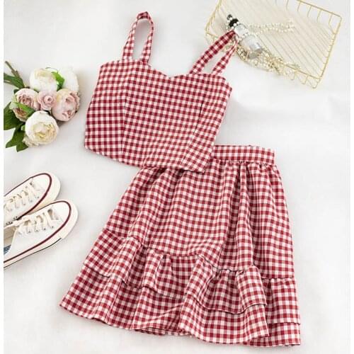 Heliar Two Pieces outfits Women Elastic Crop Tops and Skirts Plaid Pleated Tank Tops and skirt Sets Women 2020 Summer