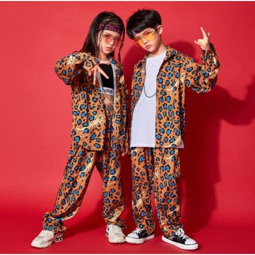 New Girls Modern Dance Costumes Long Sleeve Leopard Print Loose Hiphop Suit Rave Clothes Boys Jazz Hip Hop Dance Clothes DQS6471