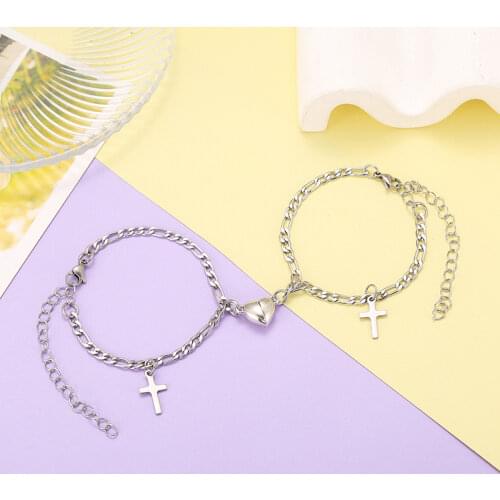 Heart Shaped Magnet Attraction Bracelet for Couples Stainless Steel Cross Bracelet Paired Bracelets Friendship Jewelry Gifts